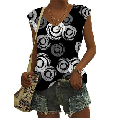 Καλοκαιρινά γεωμετρικά μοτίβα Τρισδιάστατη εκτύπωση Γυναικεία μπλουζάκια Νέα streetwear μεγάλου μεγέθους γιλέκο V-λαιμόκοψη ώμου Αμάνικη γυναικεία καμιζόλα