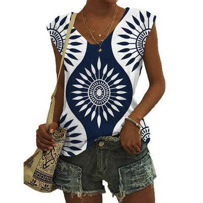 Καλοκαιρινά γεωμετρικά μοτίβα Τρισδιάστατη εκτύπωση Γυναικεία μπλουζάκια Νέα streetwear μεγάλου μεγέθους γιλέκο V-λαιμόκοψη ώμου Αμάνικη γυναικεία καμιζόλα