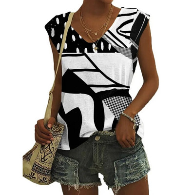 Καλοκαιρινά γεωμετρικά μοτίβα Τρισδιάστατη εκτύπωση Γυναικεία μπλουζάκια Νέα streetwear μεγάλου μεγέθους γιλέκο V-λαιμόκοψη ώμου Αμάνικη γυναικεία καμιζόλα