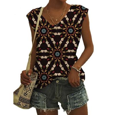 Καλοκαιρινά γεωμετρικά μοτίβα Τρισδιάστατη εκτύπωση Γυναικεία μπλουζάκια Νέα streetwear μεγάλου μεγέθους γιλέκο V-λαιμόκοψη ώμου Αμάνικη γυναικεία καμιζόλα