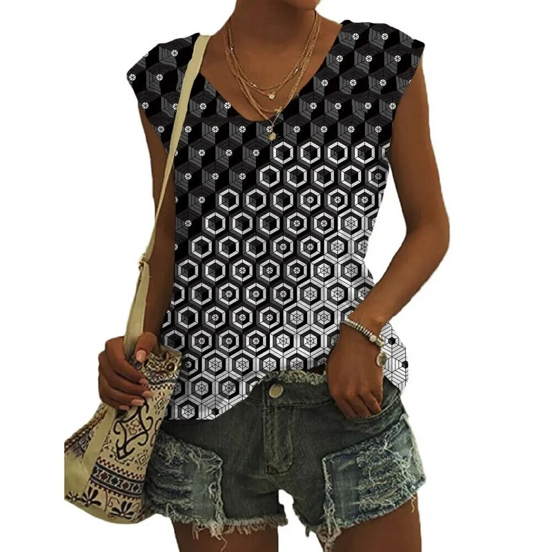 Καλοκαιρινά γεωμετρικά μοτίβα Τρισδιάστατη εκτύπωση Γυναικεία μπλουζάκια Νέα streetwear μεγάλου μεγέθους γιλέκο V-λαιμόκοψη ώμου Αμάνικη γυναικεία καμιζόλα