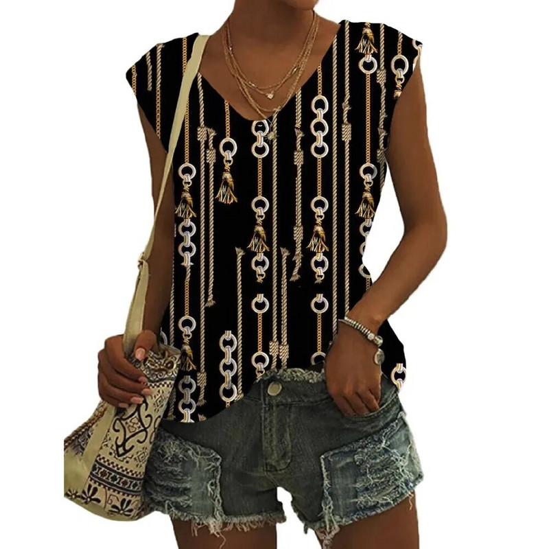 Καλοκαιρινά γεωμετρικά μοτίβα Τρισδιάστατη εκτύπωση Γυναικεία μπλουζάκια Νέα streetwear μεγάλου μεγέθους γιλέκο V-λαιμόκοψη ώμου Αμάνικη γυναικεία καμιζόλα