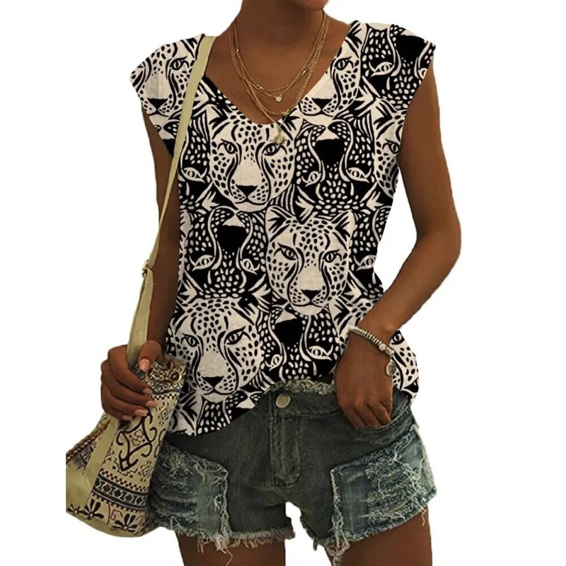 Καλοκαιρινά γεωμετρικά μοτίβα Τρισδιάστατη εκτύπωση Γυναικεία μπλουζάκια Νέα streetwear μεγάλου μεγέθους γιλέκο V-λαιμόκοψη ώμου Αμάνικη γυναικεία καμιζόλα