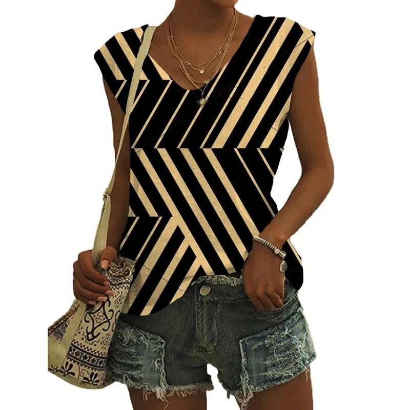 Καλοκαιρινά γεωμετρικά μοτίβα Τρισδιάστατη εκτύπωση Γυναικεία μπλουζάκια Νέα streetwear μεγάλου μεγέθους γιλέκο V-λαιμόκοψη ώμου Αμάνικη γυναικεία καμιζόλα