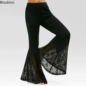2024 Pantaloni evazați din dantelă punk gotici pentru femei, cu bandaj subțire, cu clopoței laterale, pentru femei, pantaloni negri largi de vară, pantaloni lungi