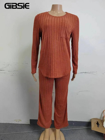 GIBSIE Плюс размер Комплект от две части Дамско облекло Домашен стил Ежедневни плътни ребрени плетени О-образно деколте Тениски с дълъг ръкав и широки панталони