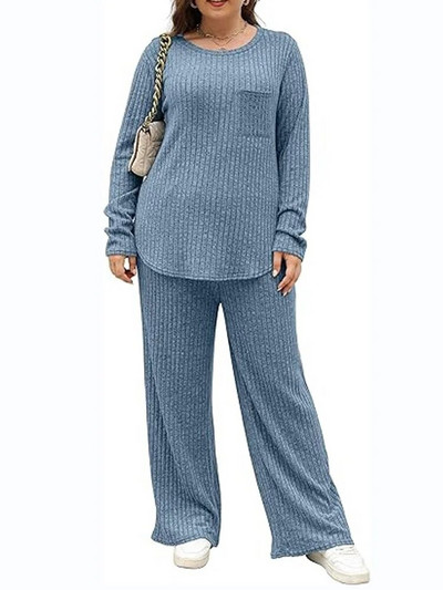 GIBSIE didelio dydžio dviejų dalių komplektas, moteriškas namų stilius, laisvalaikio vientiso mezgimo su šonkauliu marškinėliai ilgomis rankovėmis ir plačiomis kelnėmis