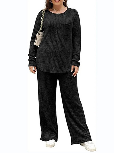 GIBSIE didelio dydžio dviejų dalių komplektas, moteriškas namų stilius, laisvalaikio vientiso mezgimo su šonkauliu marškinėliai ilgomis rankovėmis ir plačiomis kelnėmis