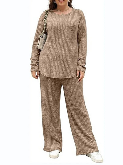 GIBSIE didelio dydžio dviejų dalių komplektas, moteriškas namų stilius, laisvalaikio vientiso mezgimo su šonkauliu marškinėliai ilgomis rankovėmis ir plačiomis kelnėmis