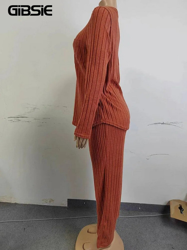 GIBSIE didelio dydžio dviejų dalių komplektas, moteriškas namų stilius, laisvalaikio vientiso mezgimo su šonkauliu marškinėliai ilgomis rankovėmis ir plačiomis kelnėmis