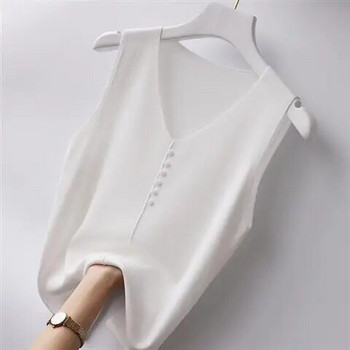 Μεγάλο μπλουζάκι Ice Silk Tank Top για Γυναικεία Εξωτερικά Ενδύματα 2023 Νέο Χαλαρό Πλεκτό με λαιμόκοψη V Αμάνικο Απλό Casual Top S-6XL