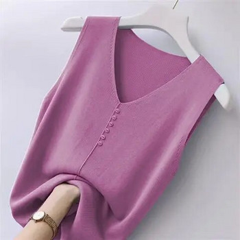 Μεγάλο μπλουζάκι Ice Silk Tank Top για Γυναικεία Εξωτερικά Ενδύματα 2023 Νέο Χαλαρό Πλεκτό με λαιμόκοψη V Αμάνικο Απλό Casual Top S-6XL