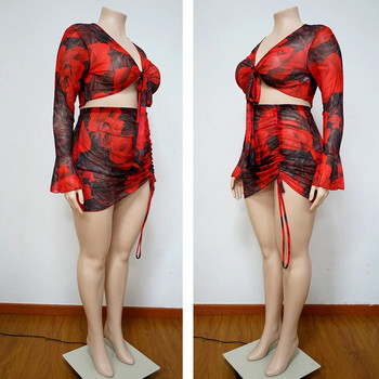 CM.YAYA Γυναικείο σετ Plus Size Σετ τύπωμα διχτυωτό μανίκι Full Flare Επίδεσμος Crop Tops Shirring Φούστες Δύο Σετ 2 τεμαχίων Sexy Outfit Καλοκαιρινό
