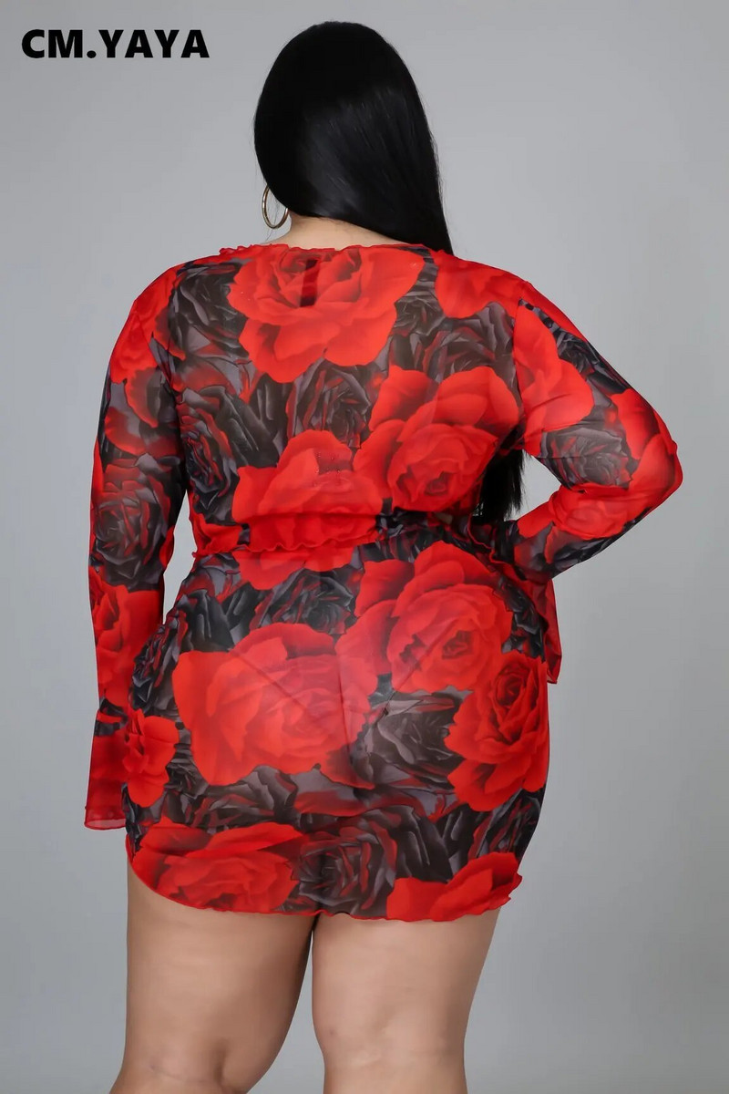 CM.YAYA női nagy méretű nyomat hálós, teljesen kiszélesedő ujjú kötszer Crop felsők, ráncolt szoknyák, két darab 2 részes szett Szexi ruha nyár