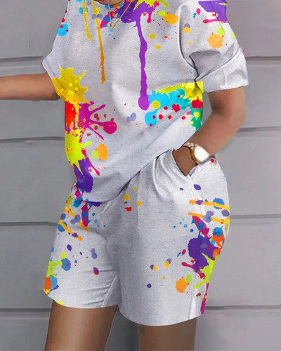 Seturi asortate cu dimensiuni plus mari, femei, cămăși colorate cu graffiti, topuri și pantaloni scurti, treninguri de modă pentru femei, seturi de două piese de vară 2023