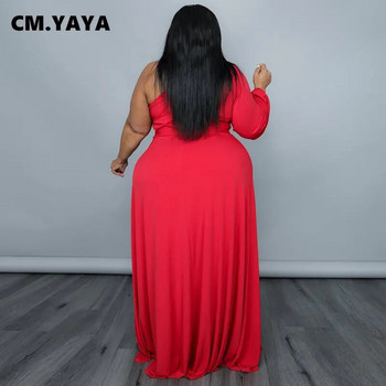 CM.YAYA Плюс размер Дамски комплект Един дълъг ръкав Висока ниска асиметрична макси тениска и костюм с панталон Два комплекта от 2 части Анцуг