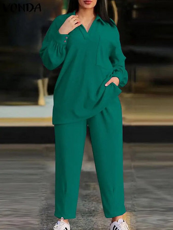 Plus Size VONDA Fashion Γυναικεία Σετ παντελονιών 2024 Μακρυμάνικα Κοστούμια Κομψά μπλουζάκια με πέτο και παντελόνια με φαρδιά μπατζάκια Μασίφ casual ασορτί σετ