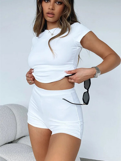 Hirigin Seturi de pantaloni scurți 2 piese pentru femei Topuri crop cu mâneci scurte Tricou skinny cu talie înaltă Pantaloni scurți elastici Ținute Y2k Trendy Streetwear