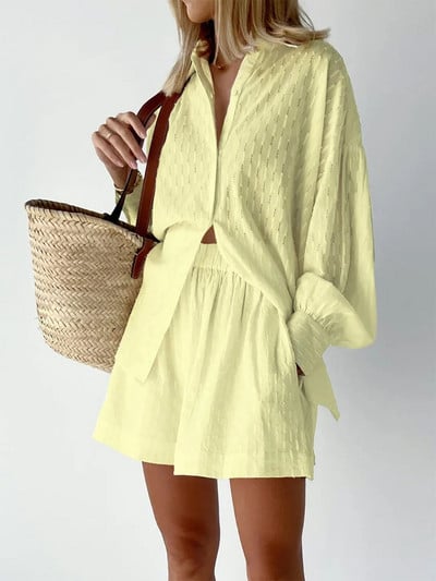 Laisvi laisvi marškiniai ir šortai, moteriški dviejų dalių komplektai, baltos palaidinės, šortų komplektai, vasaros mados žibintų rankovės, moteriški komplektai