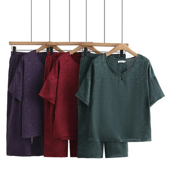 Дамски комплект плюс размер 2023 Лятна мода имитация на коприна Тениска в национален стил Скъсени панталони Свободни дрехи с извивки D4-029