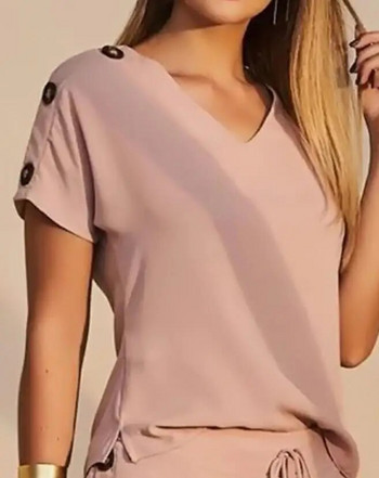Σετ δύο τεμαχίων γυναικεία στολή 2023 Καλοκαιρινή μόδα Νέα γυναικεία casual ρούχα Γυναικεία μπλουζάκια με απλά κουμπιά & σορτς με κορδόνια