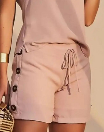 Комплект от две части Дамско облекло Лятна мода 2023 г. Ново дамско ежедневно облекло Обикновена тениска с копчета и комплект къси панталони с шнурове Женски