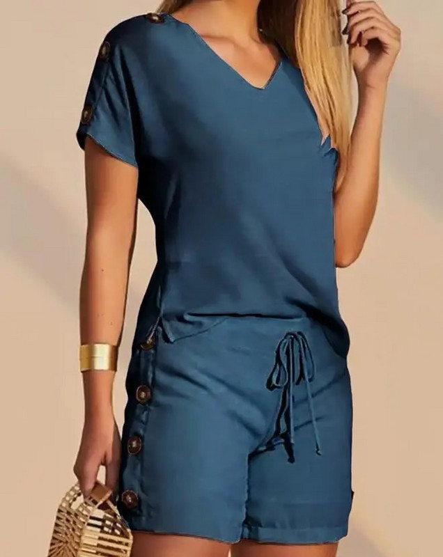 Kaheosaline naiste komplekt, 2023. aasta suvemood, uued naiste vabaajarõivad, nööpidega T-särk ja nööriga lühikeste pükste komplekt naistele