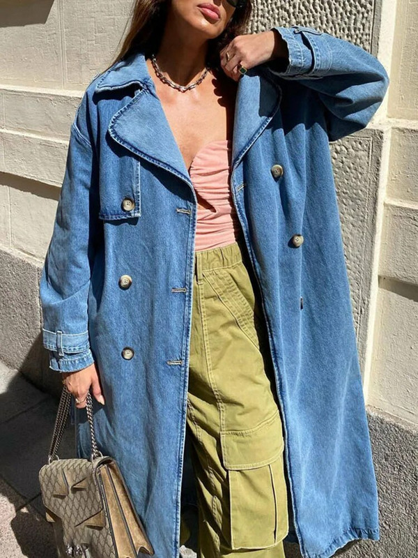 GVUW középhosszú farmerárok női öv a derékon laza hajtóka, duplasoros, női farmer széldzseki 2024 őszi új 17G1971