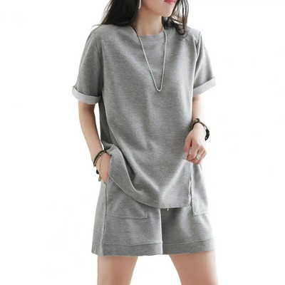 Set casual de top și pantaloni scurți de vară pentru femei Trening Costum din două piese Sport feminin mânecă scurtă picior lat ținute de culoare solidă