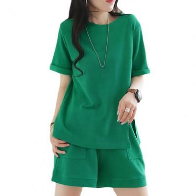Set casual de top și pantaloni scurți de vară pentru femei Trening Costum din două piese Sport feminin mânecă scurtă picior lat ținute de culoare solidă