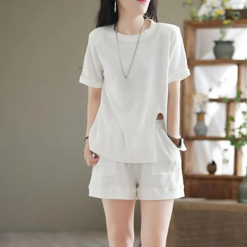 Įprastas vasarinis viršutinių ir šortų rinkinys moterims, dviejų dalių sportinis kostiumas, trumpomis rankovėmis, plačiomis kojomis, vienspalviai drabužiai