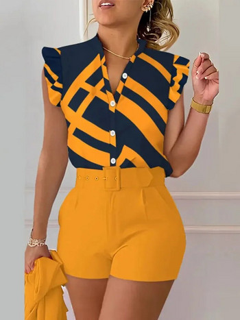 Γυναικείο σορτς Κοστούμι Καλοκαιρινής Μόδας Σέξι αμάνικο μπλουζάκι με στάμπα με μονόχρωμο λαιμόκοψη Κομψό γυναικείο σετ δύο τεμαχίων