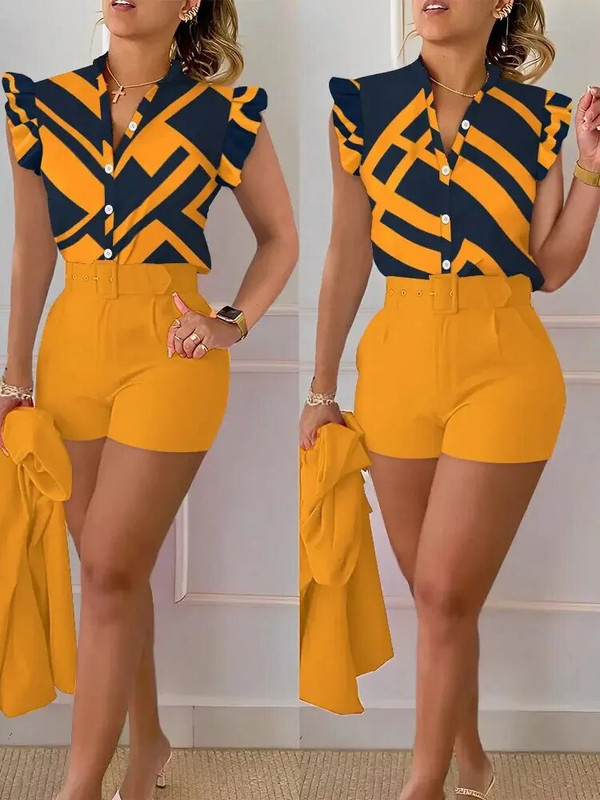 Žensko kratko odijelo Ljetno modno seksi majice bez rukava s printom s visećim ovratnikom Usko odijelo S remenom Elegantni ženski uredski dvodijelni set