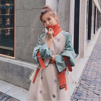 Ветровка с контрастни шевове Дамско средно дълго 2023 Пролетно есенно облекло Корейска версия Свободен колан Тренч за жени