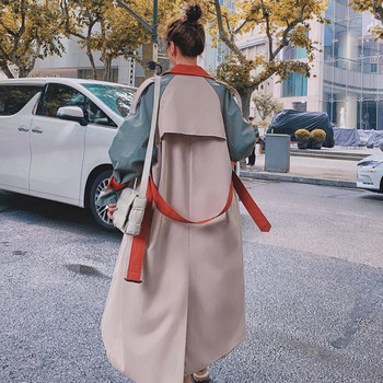 Ветровка с контрастни шевове Дамско средно дълго 2023 Пролетно есенно облекло Корейска версия Свободен колан Тренч за жени