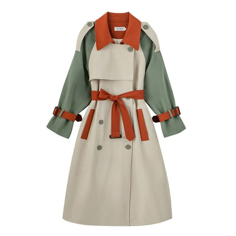 Kontrasztos varrású széldzseki női középhosszú 2023 tavaszi őszi ruházat koreai változat, bő öves női felvonókabát