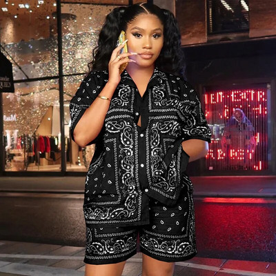 Ležerna trenirka s paisley printom, ženska trenirka kratkih rukava, jednoredno kopčanje, kratke hlače, dvodijelni kompleti Ženska modna odjeća, ljeto 2023.