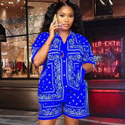 Ležerna trenirka s paisley printom, ženska trenirka kratkih rukava, jednoredno kopčanje, kratke hlače, dvodijelni kompleti Ženska modna odjeća, ljeto 2023.