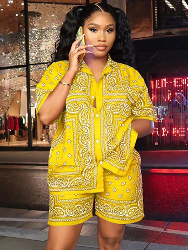 Ležerna trenirka s paisley printom, ženska trenirka kratkih rukava, jednoredno kopčanje, kratke hlače, dvodijelni kompleti Ženska modna odjeća, ljeto 2023.