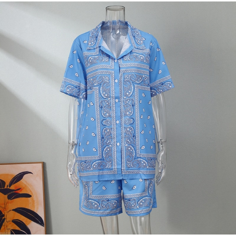 Ležerna trenirka s paisley printom, ženska trenirka kratkih rukava, jednoredno kopčanje, kratke hlače, dvodijelni kompleti Ženska modna odjeća, ljeto 2023.
