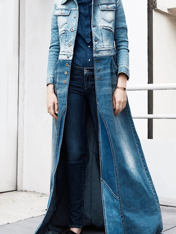 Τζιν μακριά καμπαρντίνα Γυναικεία φθινοπωρινή ολόσωμη τσέπες γιακά με πέτο Μονό στήθος Χειμερινά μπουφάν Κομψά φαρδιά streetwear