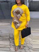 Plus veličina 5XL VONDA Ženski kompleti hlača 2PCS Jesen Vintage majice dugih rukava s printom Visokog struka Hlače Odijela Ležerni odgovarajući setovi