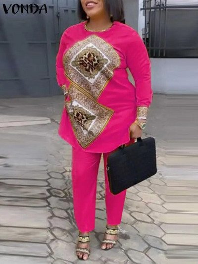 Plus veličina 5XL VONDA Ženski kompleti hlača 2PCS Jesen Vintage majice dugih rukava s printom Visokog struka Hlače Odijela Ležerni odgovarajući setovi