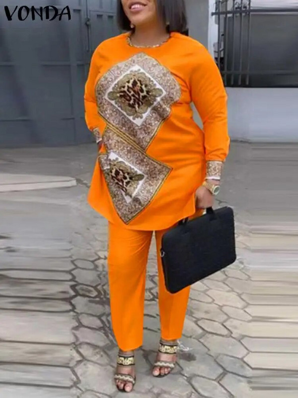 Plus veličina 5XL VONDA Ženski kompleti hlača 2PCS Jesen Vintage majice dugih rukava s printom Visokog struka Hlače Odijela Ležerni odgovarajući setovi