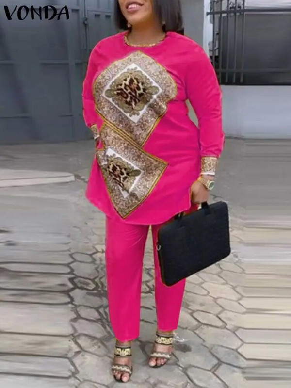 Plus veličina 5XL VONDA Ženski kompleti hlača 2PCS Jesen Vintage majice dugih rukava s printom Visokog struka Hlače Odijela Ležerni odgovarajući setovi