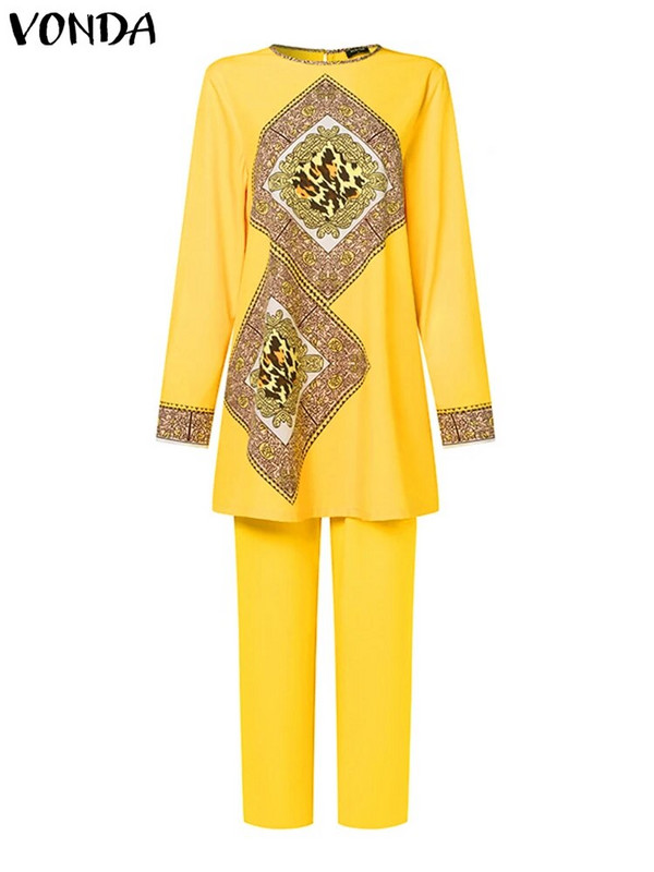 Plus veličina 5XL VONDA Ženski kompleti hlača 2PCS Jesen Vintage majice dugih rukava s printom Visokog struka Hlače Odijela Ležerni odgovarajući setovi