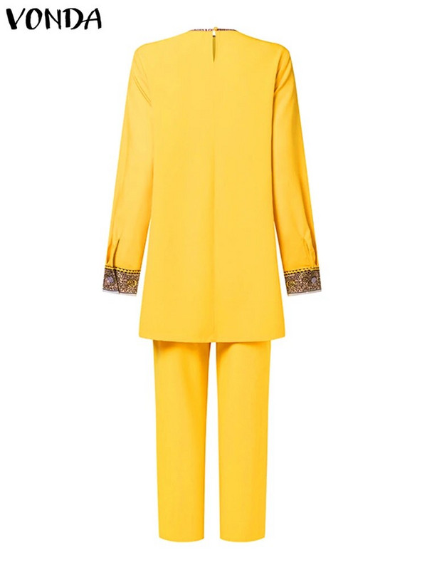Plus veličina 5XL VONDA Ženski kompleti hlača 2PCS Jesen Vintage majice dugih rukava s printom Visokog struka Hlače Odijela Ležerni odgovarajući setovi