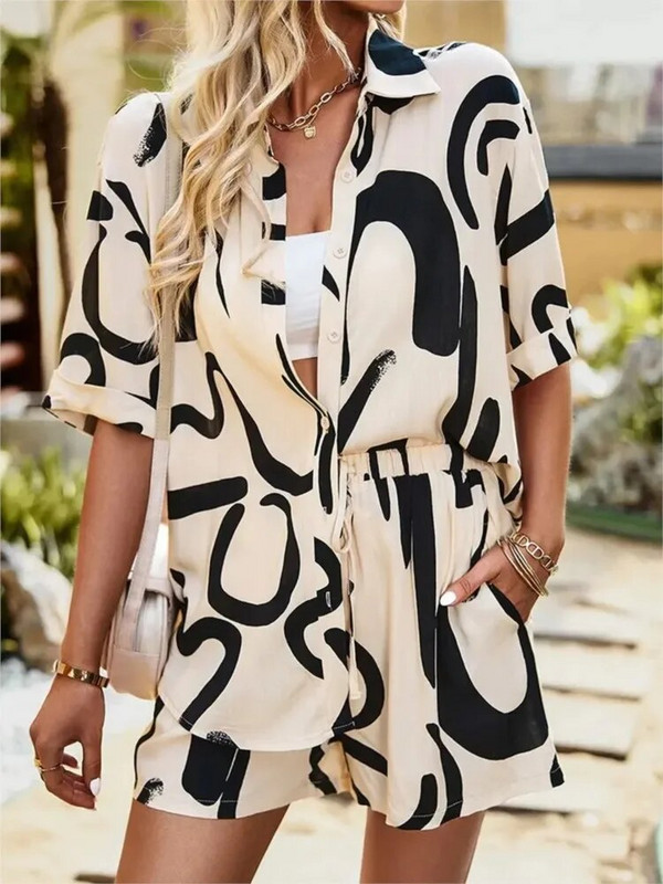 Nyári alkalmi két darabos szett női 2023-as ingek nyomtatott rövidnadrág öltöny rövid ujjú felsők 2 részes készlet gombos ing irodai ruhák