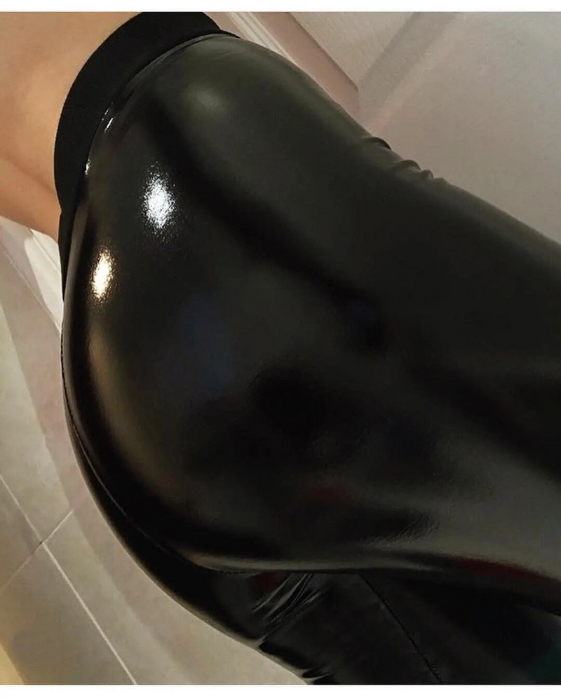 Naiste naiste pehmed venivad säärised, läikivad kõrge vöökohaga nahast püksid, naiste paksud seksikad pliiatspüksid