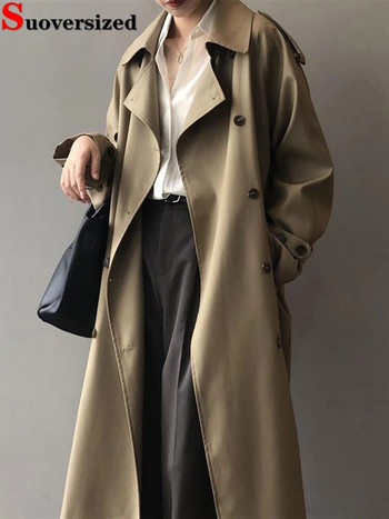 Класически сиви тренчкоти с дълъг колан Дамски корейски двуредни якета от габардина Streetwear Ветровка Abrigos Spring Casacos